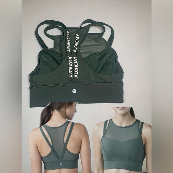 Lululemon Alchemy Sun Setter Mesh Strappy  Sports Work Out Gym Bra Army Green 4 - Picture 1 of 10